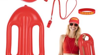 Alaoo Accesorios de Salvavidas, 5PCS Juego de Disfraz de Salvavidas Con Flotador Inflable, Silbato Deportivo, Gorra, Pulsera, Gafas de Sol, Accesorios Socorrista para Mujeres Hombres