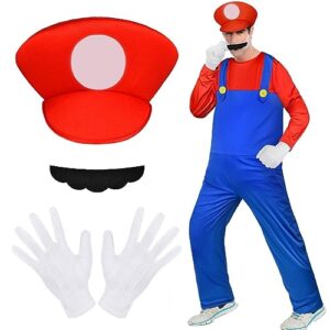 Aomig Disfraz Mario Bros, 4pcs Set de Accesorios Mario y Luigi Classic con Guantes, Bigote y Gorra Roja, para Halloween, Carnaval y Navidad, Cosplay de Hombre, Mujer, Adulto, Niños