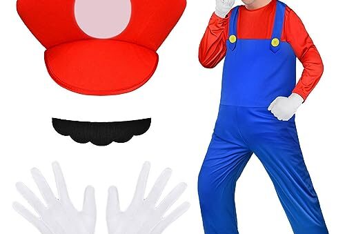 Aomig Disfraz Mario Bros, 4pcs Set de Accesorios Mario y Luigi Classic con Guantes, Bigote y Gorra Roja, para Halloween, Carnaval y Navidad, Cosplay de Hombre, Mujer, Adulto, Niños