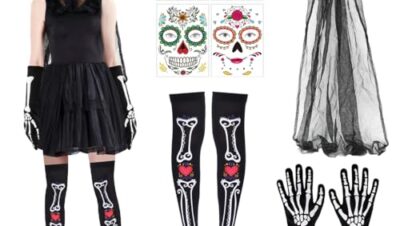 Augesak Diadema Catrina con Velo, Diadema Dia De Los Muertos, Muslo Alto Esqueleto Calcetines, Guantes Esqueleto, Tatuajes Temporales Halloween, Día los Muertos Accesorios para Mujere