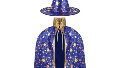 AYBUY Capa de Mago de Halloween para Ninos, Capa de Mago con Sombrero Fiesta Disfraz, Capa de Mago con Sombrer, Capa y Sombrero Mago Niño, para Halloween, Cosplay, Carnaval, Azul Real