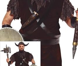 FIESTAS GUIRCA | Disfraz de Vikingo Adulto (54-56/XL) - Traje de Guerrero Nórdico con Vestido, Cinta de Cabeza, Cinturón, Cuernos y Manguitos - Ideal para Halloween, Carnaval y Fiestas de Disfraces