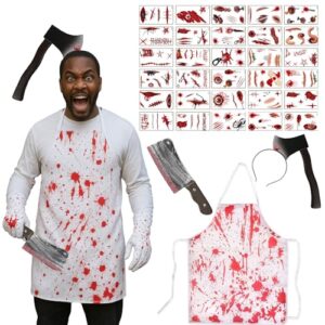 Disfraz de Zombies: Ideas y Opciones para Halloween y Fiestas Temáticas GWAWG Juego de carnicero de Halloween, accesorios para el cabello de terror, delantal sangriento, accesorios de cicatrices de Halloween con tatuajes de cicatriz de zombi, disfraz de hombre adulto en
