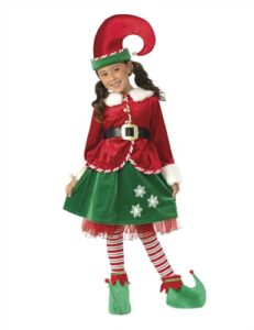 Rubies Disfraz Elfo Girl Deluxe para niñas, Chaqueta con falda, cinturón, gorro, calentadores y cubrezapatos, Elfos navideños, Duendes para Navidad, fiestas, funciones escolares (Talla XXS 3-4 AÑOS)