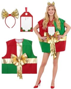 SOLOYEE Disfraces de Navidad para Mujeres y Hombres Regalo Disfraz de Fiesta Divertido, Disfraz de Paquete Festivo con Diadema de Lazo y Tarjetas