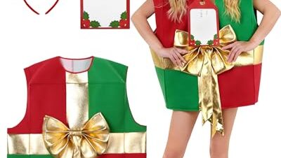 SOLOYEE Disfraces de Navidad para Mujeres y Hombres Regalo Disfraz de Fiesta Divertido, Disfraz de Paquete Festivo con Diadema de Lazo y Tarjetas