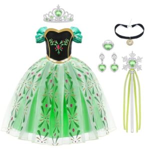URAQT Niña Princesa Coronación Vestido, Disfraz con Varita Corona Accesorios, Vestido de Cosplay, Cumpleaños Fiesta Cosplay Carnaval Cosplay Halloween Traje, Talla 3-4 años, Verde