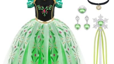 URAQT Niña Princesa Coronación Vestido, Disfraz con Varita Corona Accesorios, Vestido de Cosplay, Cumpleaños Fiesta Cosplay Carnaval Cosplay Halloween Traje, Talla 3-4 años, Verde