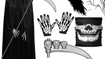 ZZQVIP Disfraz Halloween Hombre Completo – Disfraz de Muerte con Capa Negra con Capucha, Máscara de Calavera, Guantes de Esqueleto y Guadaña Ajustable – Grim Reaper Costume para Adultos